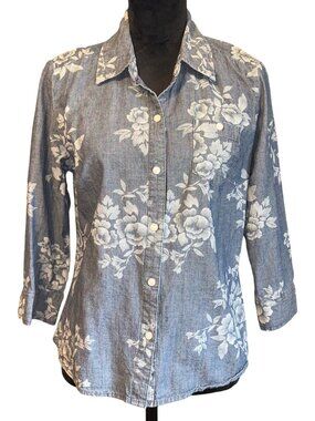 Karen Scott Womens Floral Button-Up Shirt Small 100% Cotton Blue/White
